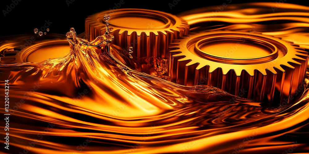 Aufkleber 3d render of golden gears submerged in liquid, creating abstract waves and splashes of amber fluid