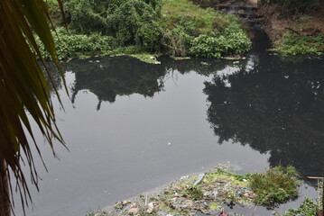 small stream polluted wastewater chemicals industrial waste destroy living environment