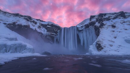 A majestic waterfall surrounded by ice and snow under a pink sky
