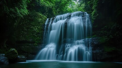 Fototapeta premium Cascading Waterfall Flowing Through Lush Green Forest Landscape Scene