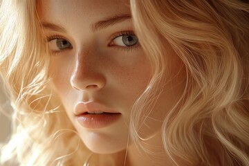 Naklejka premium Close Up of Healthy Shiny Long Wavy Blonde Hair Texture