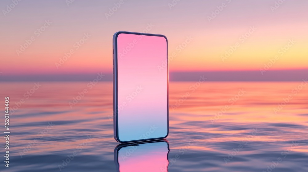 Poster 3d render of an phone mockup standing upright. the screen is blank white with a gradient background 