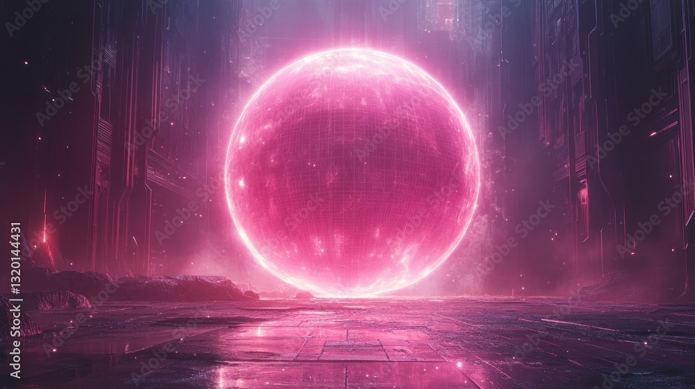 Poster glowing purple sphere with wireframe structures and neon lights in futuristic cyberpunk style
