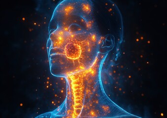 Fototapeta premium Breast Cancer Tumor Visualization with Glowing Lymph Nodes in Female Anatomy 3D Medical Illustration