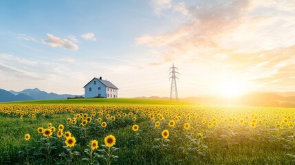 Serene Landscape with Sunflowers and House at Sunset in Nature