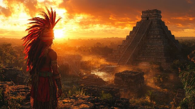 Ancient Mesoamerican Ritual Human Sacrifice Scene with Priest and Tribe in 3D Render