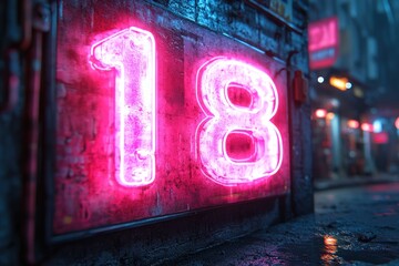 Large Glowing Neon Number 18 in Pink and Blue Hues for Birthday and Anniversary Celebrations