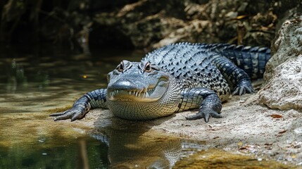 Fototapeta premium Large alligator basking in sunlit shallows