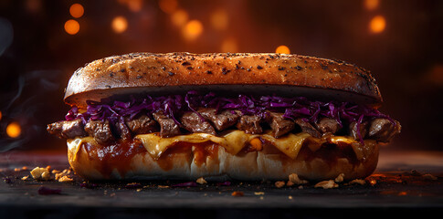Steak Sub with Smoked Red Cabbage: Indulge in a mouthwatering steak sub piled high with tender, flavorful steak, melted cheese, and a tangy layer of smoked red cabbage.  The warm.