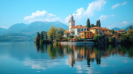 Fototapeta premium Picturesque island town reflects on the calm lake surface