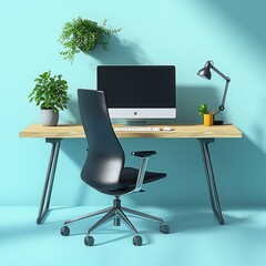 Fototapeta premium Minimalist Floating Workspace in Pastel Cyan Background