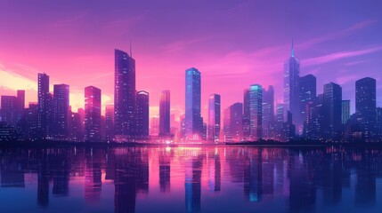 Fototapeta premium Cityscape at Dusk: A mesmerizing cityscape silhouette, dominated by towering skyscrapers against a vibrant sunset, creates a magical atmosphere above calm water.