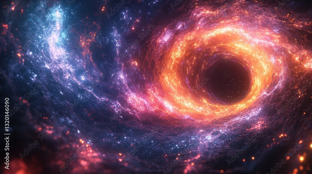 Aufkleber vortex of colorful lights and black hole in futuristic space background with glowing particles and d