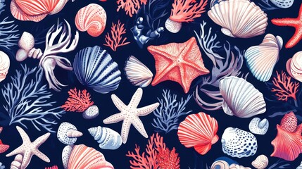 Naklejka premium Ocean's Treasures: A captivating marine motif featuring an array of seashells, starfish, and coral in shades of red, white, and blue, perfect for evoking the charm of coastal living.