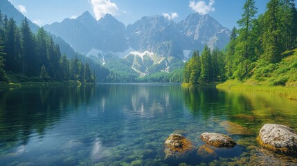 Naklejka premium Serene alpine lake reflecting majestic mountains