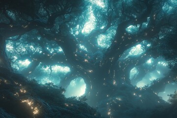 Obraz premium Glowing magical tree in enchanted forest at night with mystical light