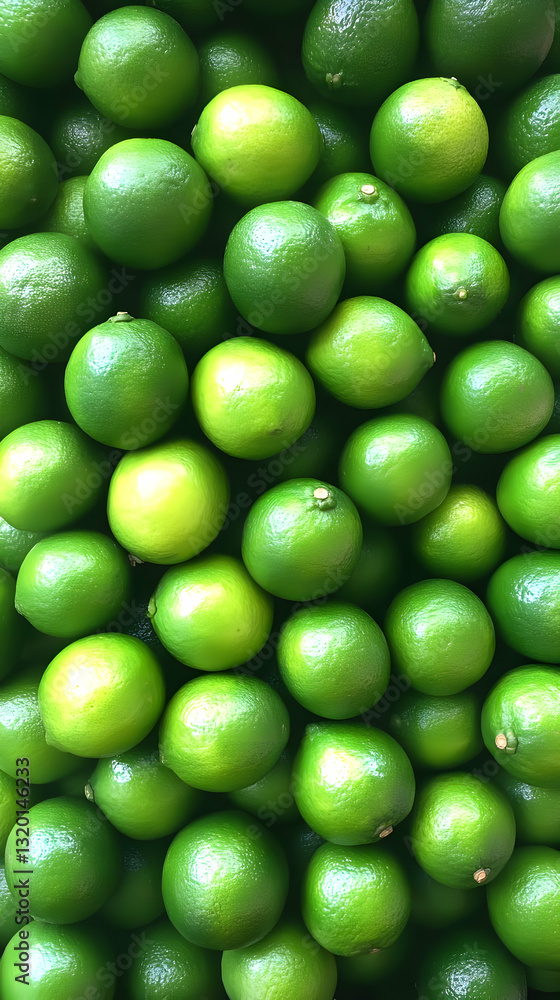 Poster a close-up view of limes arranged in a pile, showing their green color and smooth texture