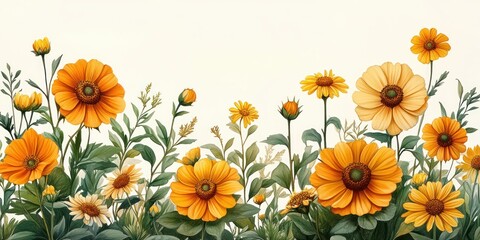 Fototapeta premium Vintage Botanical Illustration of Yellow Flowers Sunflower Chrysanthemum Aster Dahlia Garden Blossoms