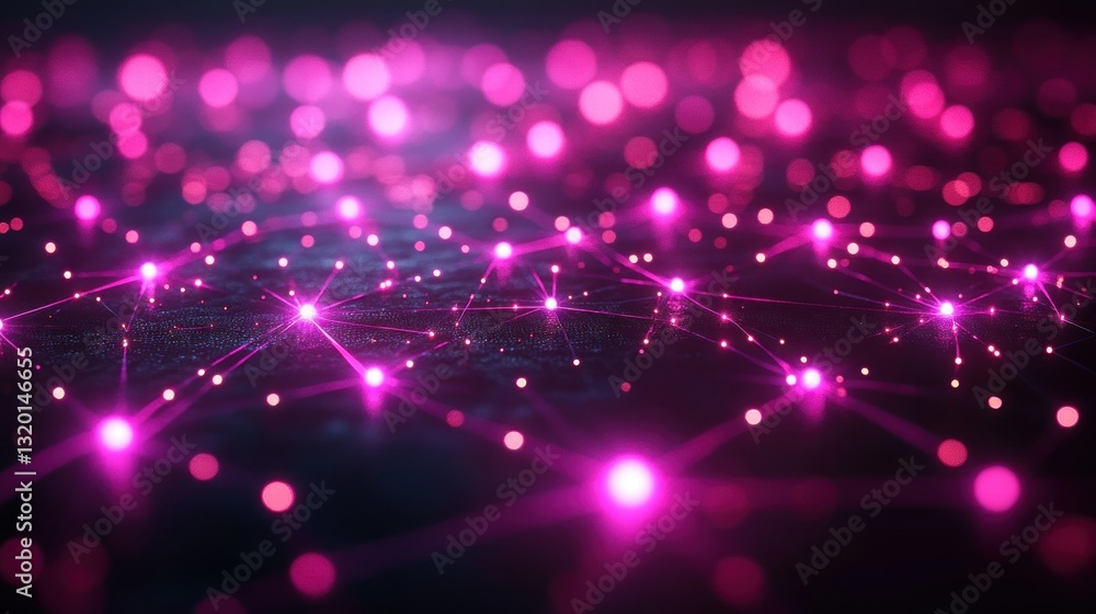 Poster futuristic cyberpunk digital network with glowing purple nodes and intricate lines in space