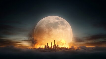 Enormous Full Moon Illuminating Industrial Skyline with Dramatic Clouds
