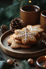 Rustic Gingerbread Cookies and Pinecones on Wooden Table for Cozy Christmas Decoration