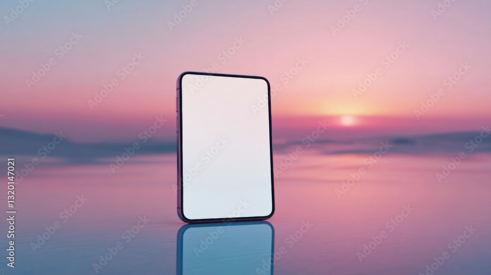 Poster 3d render of an phone mockup standing upright. the screen is blank white with a gradient background 