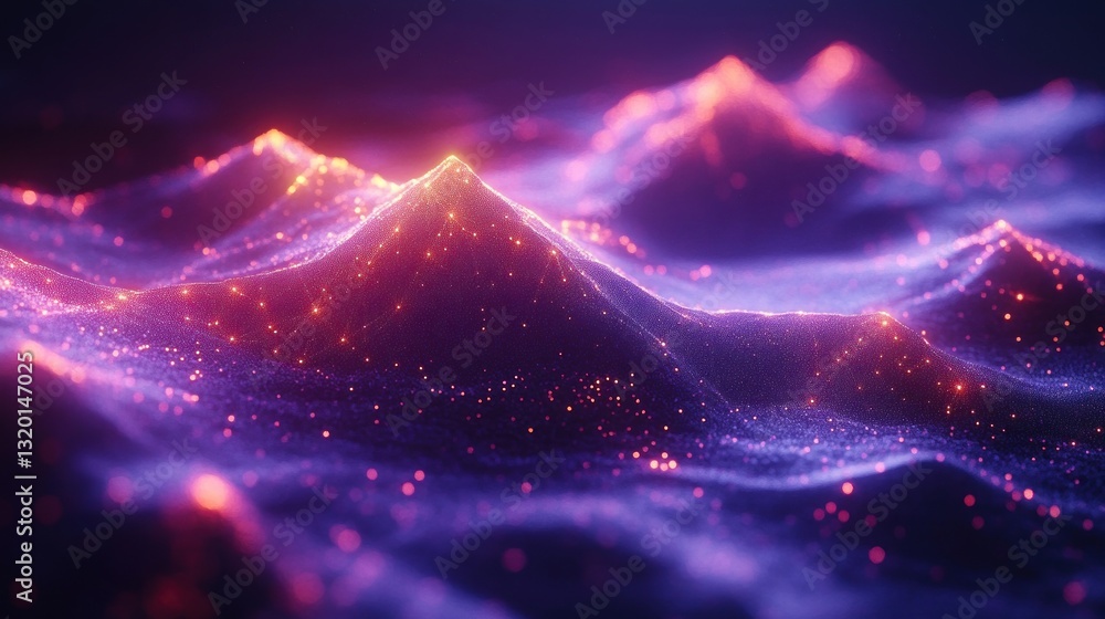 Poster abstract futuristic cyber wave with moving dots and glowing connection points in dark blue and viole