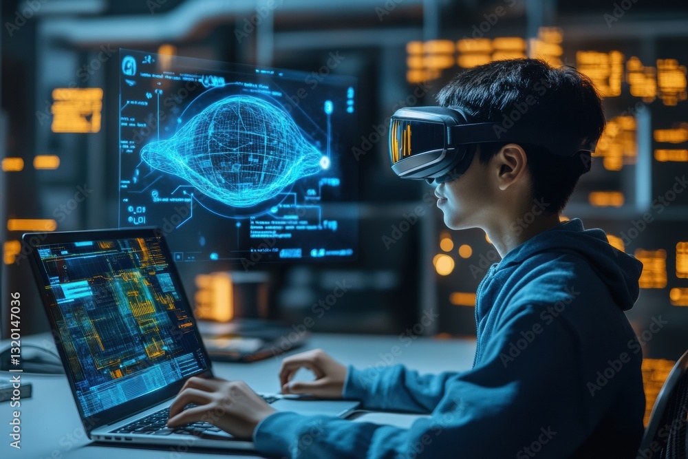 Leinwandbilder student engages in virtual learning with ai assistance during an evening study session in a modern t