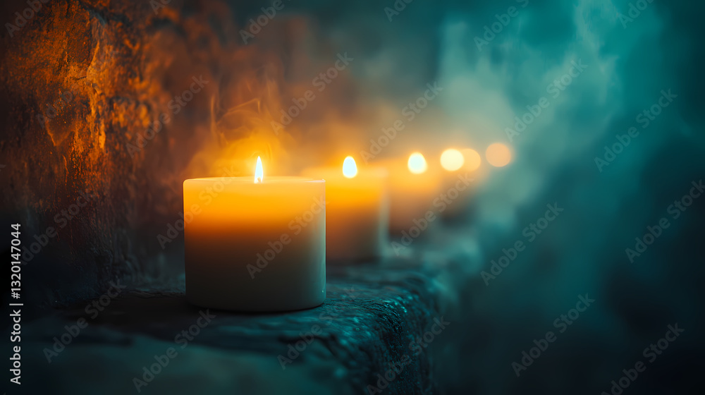 Poster illuminating path: candles flicker softly, casting a warm glow across a weathered stone surface, cre
