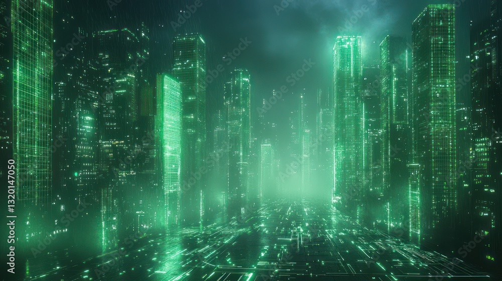 Poster futuristic digital landscape with glowing green grids and floating nodes in cyberpunk style