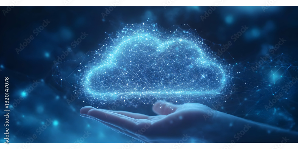 Poster digital hand gently holds a glowing network cloud, abstract 3d render, futuristic technology concept