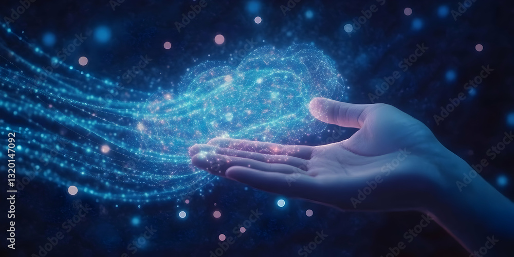 Poster abstract 3d rendering of a hand gently holding a glowing network of connections, illuminated by deep