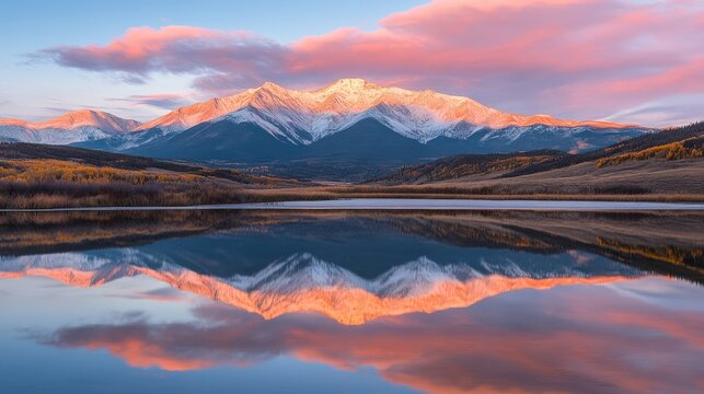 Golden Mountain Majesty: A breathtaking vista captures the grandeur of a snow-capped mountain range at sunrise, mirrored perfectly in a serene lake below, painting the sky with vibrant hues. 