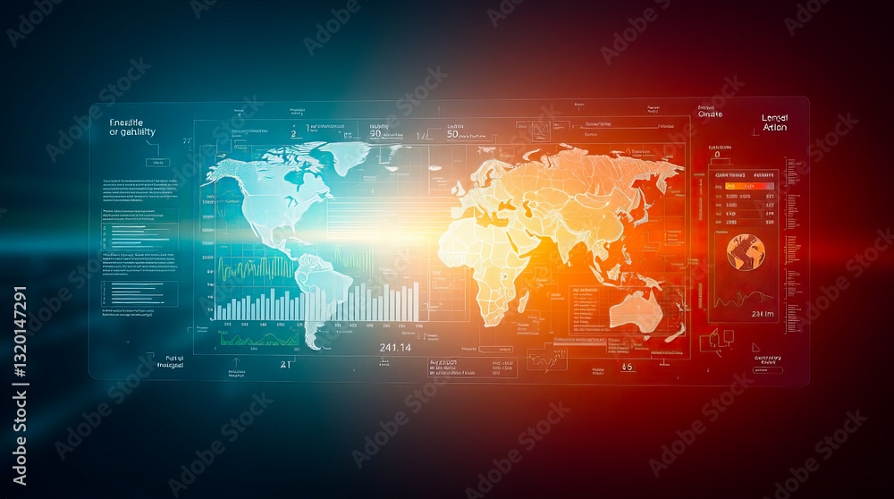 Poster global business data analytics dashboard technology world map visualization modern interface digital