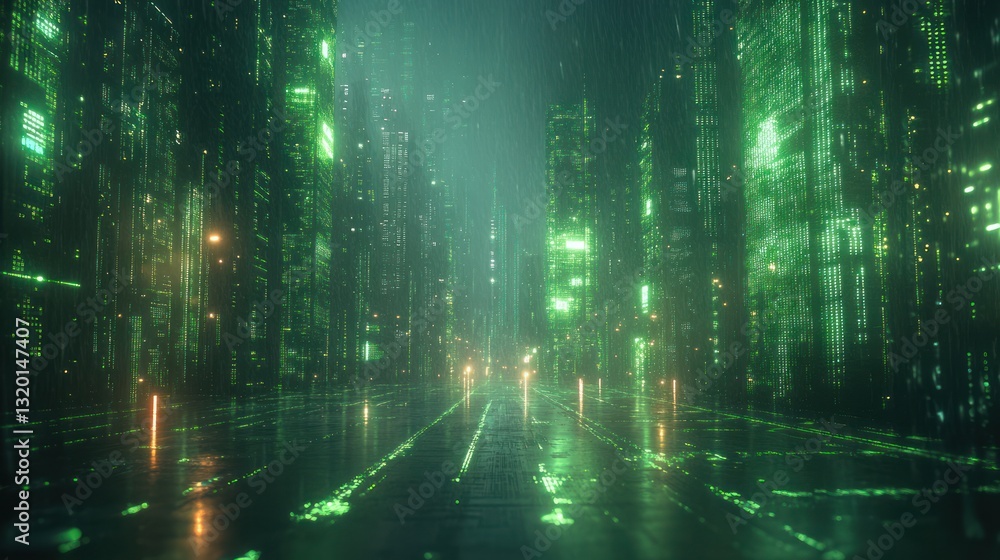 Poster futuristic digital landscape with glowing green grids and floating white nodes in cyberpunk style