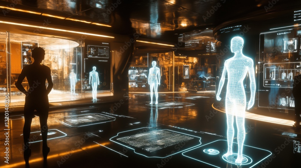 Poster digital avatars engage in social interaction within a holographic lobby, showcasing the immersive na