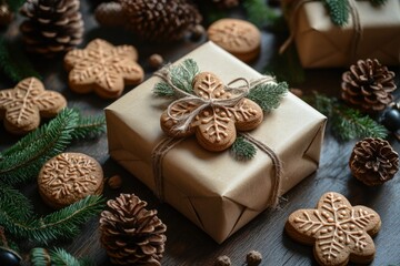 Fototapeta premium Cozy Christmas Flat Lay with Gingerbread Cookies Wrapped Gifts Pinecones and Wooden Ornaments on Rustic Table