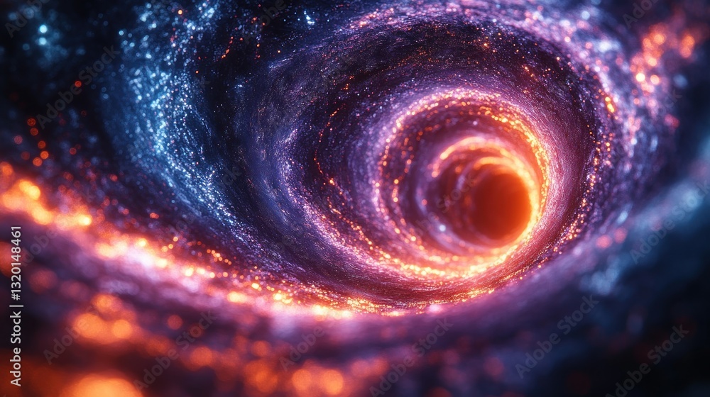 Poster futuristic cyberpunk vortex of glowing neon points and lines in infinite space