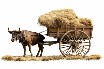 Obraz premium Brown Ox Pulling Wooden Cart Loaded with Hay on White Background