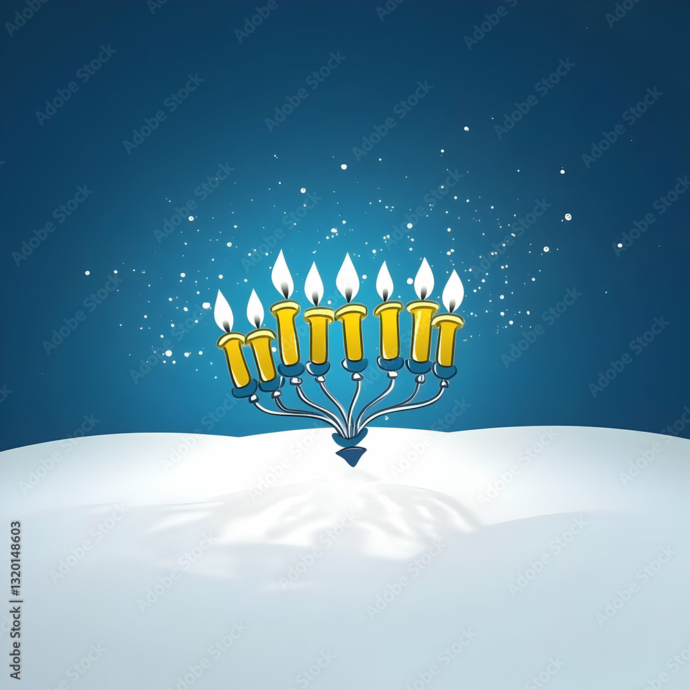 Poster 3d render of a menorah with lit candles on snowy surface against a blue background