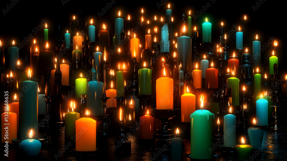 Poster illuminated 3d render of numerous colorful candles burning brightly in the dark, creating a mystical