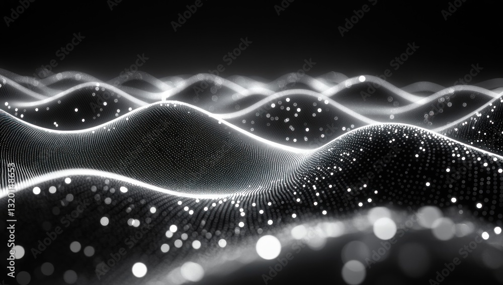 Poster futuristic abstract wave landscape with glowing dots and lines in a black background for big data vi