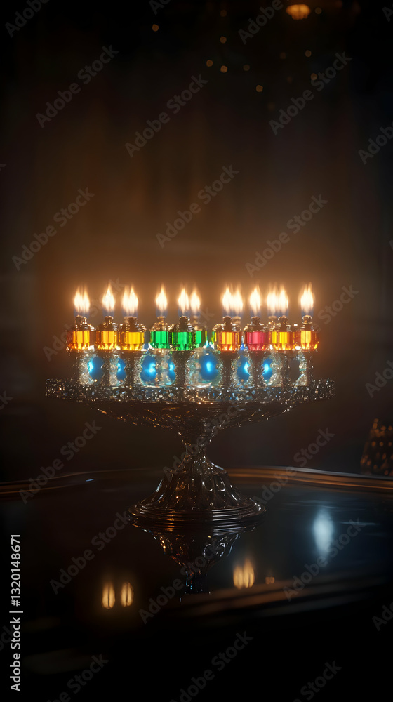 Poster 3d render of a menorah with colorful flames illuminating a dark background