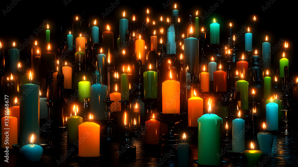Poster 3d render of many colorful candles burning brightly in the dark, creating a mystical and atmospheric