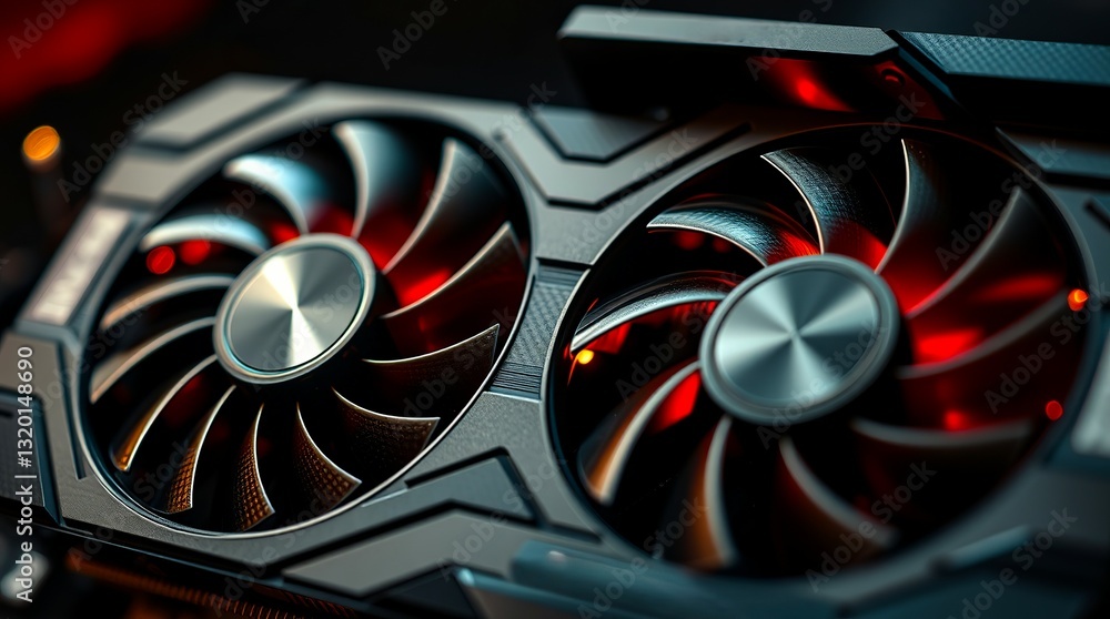 Fototapete closeup modern gaming graphics card dual fans red illumination technology powerful pc component high