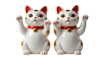 A pair of traditional Japanese lucky cat statues symbolizing good luck and prosperity