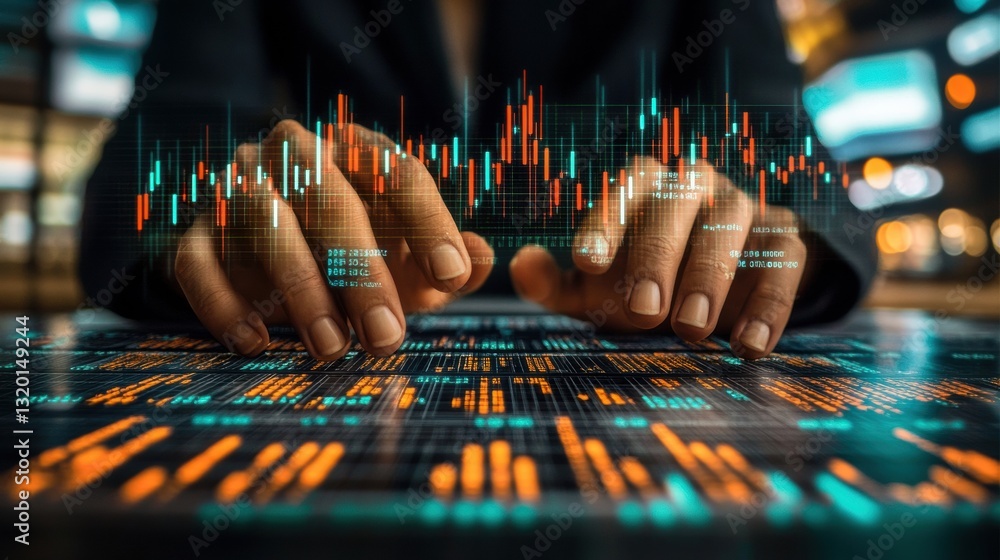 Aufkleber Digital finance analytics with human hands navigating charts and data in a modern workspace showcasing AI integration
