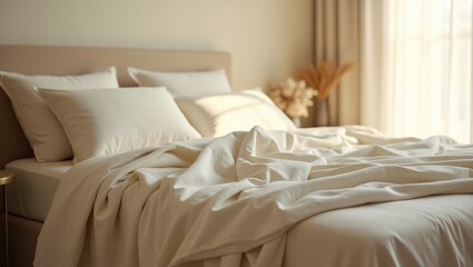 Linen bed sheets on the bed in the bedroom, lifestyle.