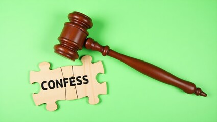 Judge hammer and wooden puzzle piece with the word confess on a colorful background.