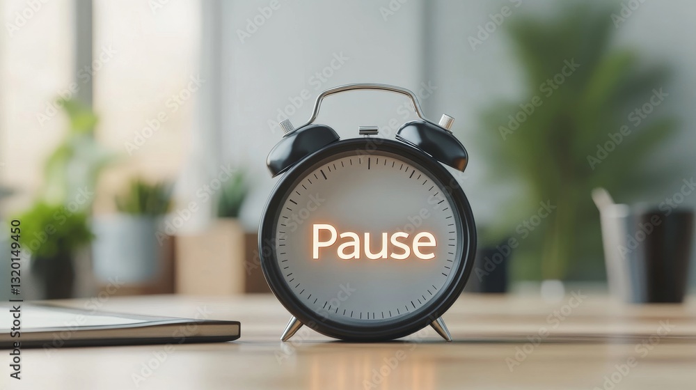 Poster black alarm clock with pause text in modern office setting